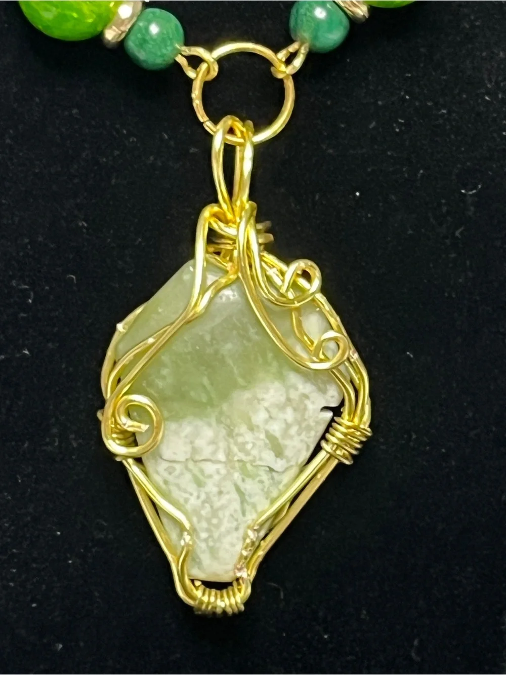 Gold Wire Wrapped Serpentine Cabochon Beaded Pendant Necklace Earrings 18”